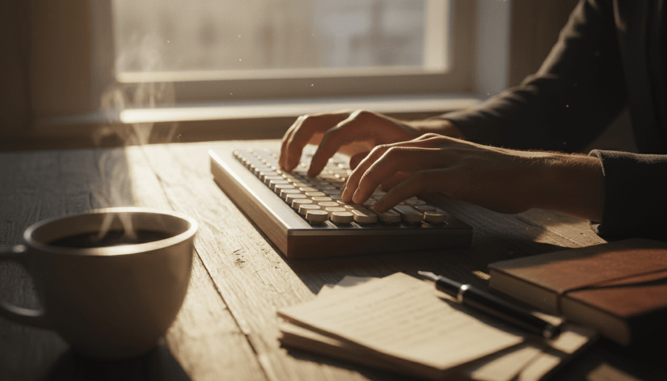 Creative professional at desk experiencing a moment of clarity and focus