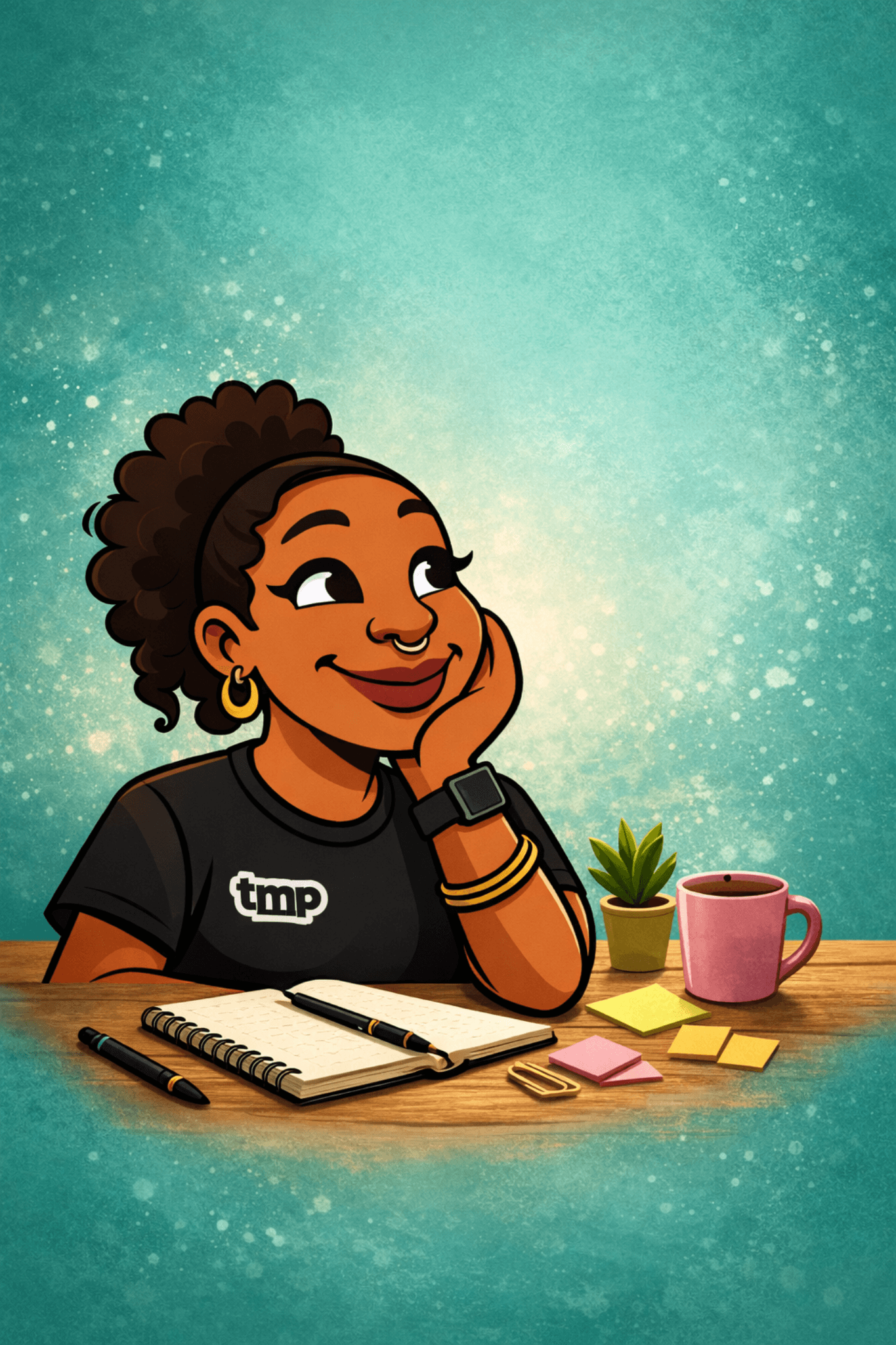 Smiling Black woman looking up thoughtfully at a desk with a notebook and pink mug.