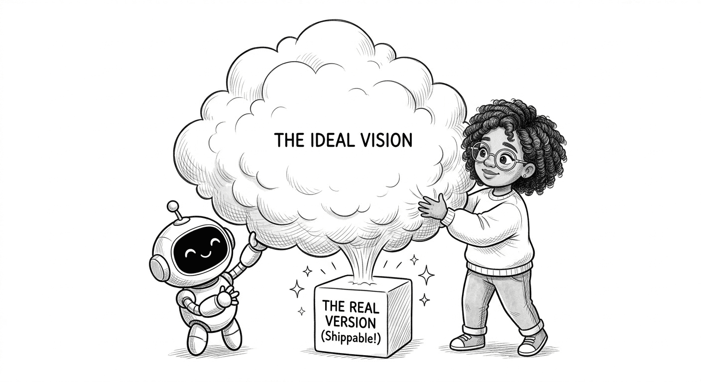 Woman and robot hold a large "Ideal Vision" cloud above a small shippable box.