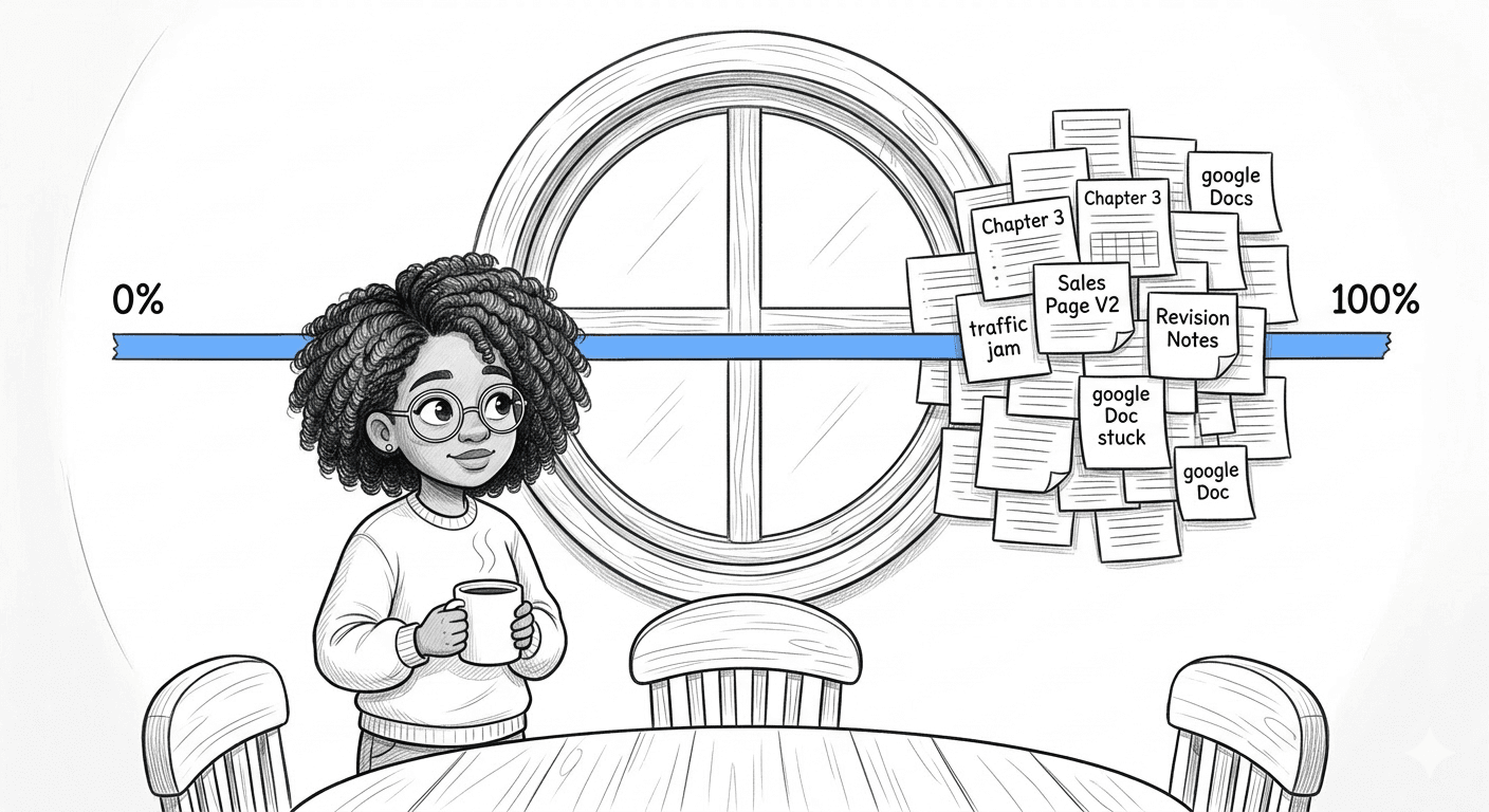 Woman with glasses holds a mug at the start of a progress bar toward completion.