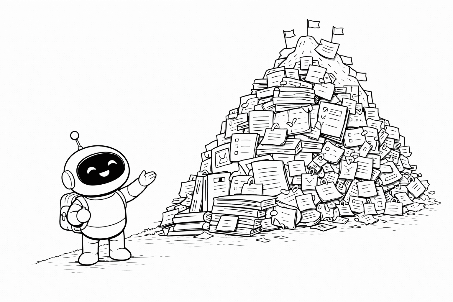 A friendly robot gestures toward a massive mountain of papers, books, and documents.