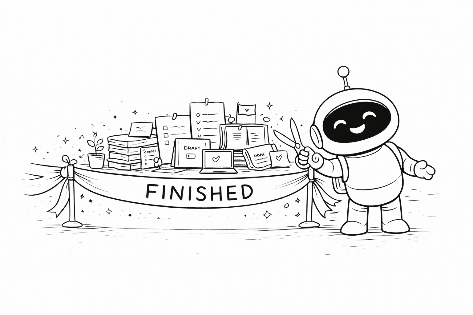 Smiling robot holding scissors next to a 'FINISHED' banner and a desk of completed work.