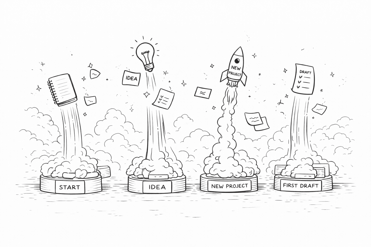 Four launchpads labeled start, idea, new project, and first draft launching creative objects into clouds.