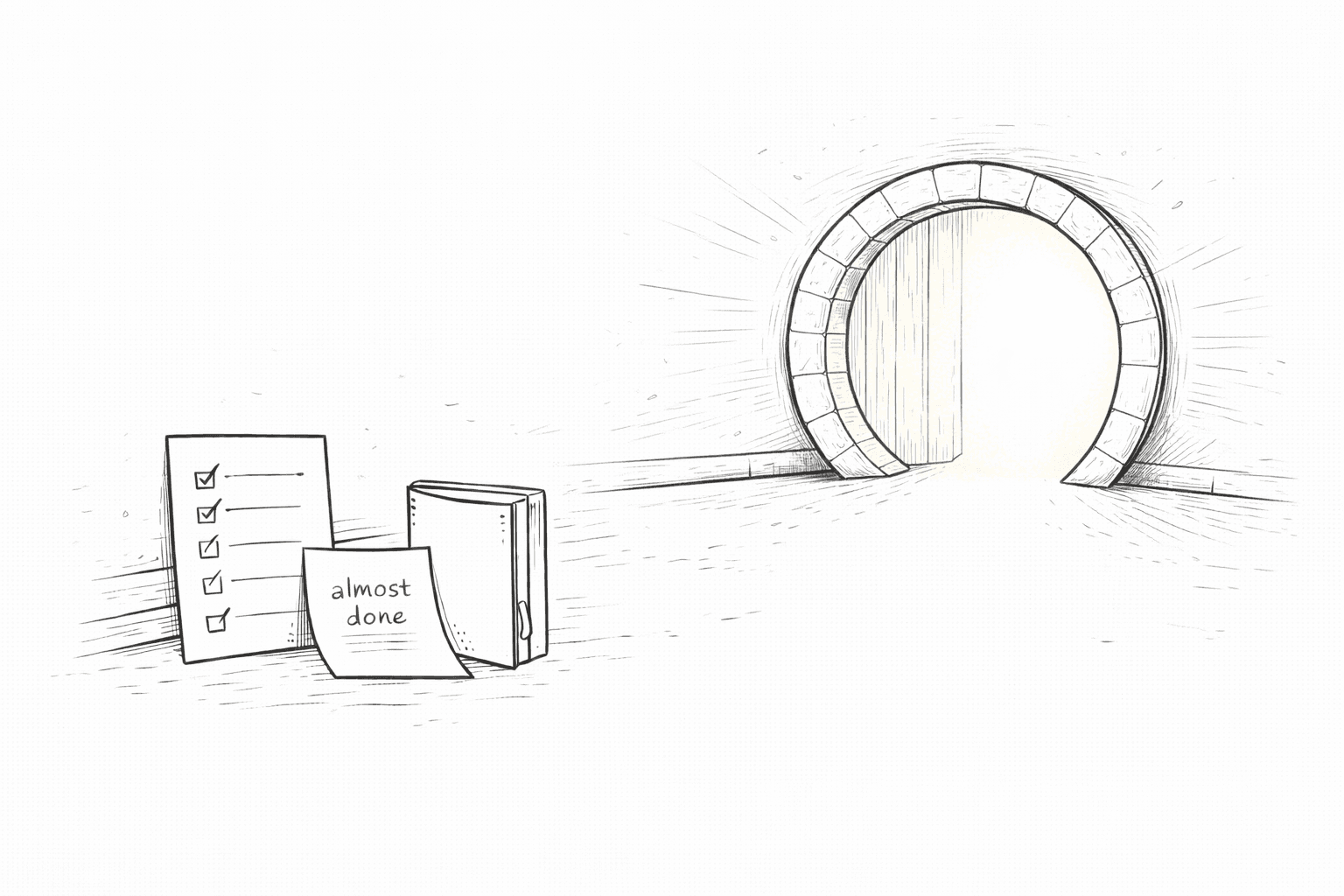 Completed checklist and 'almost done' note next to a bright, glowing arched stone portal.