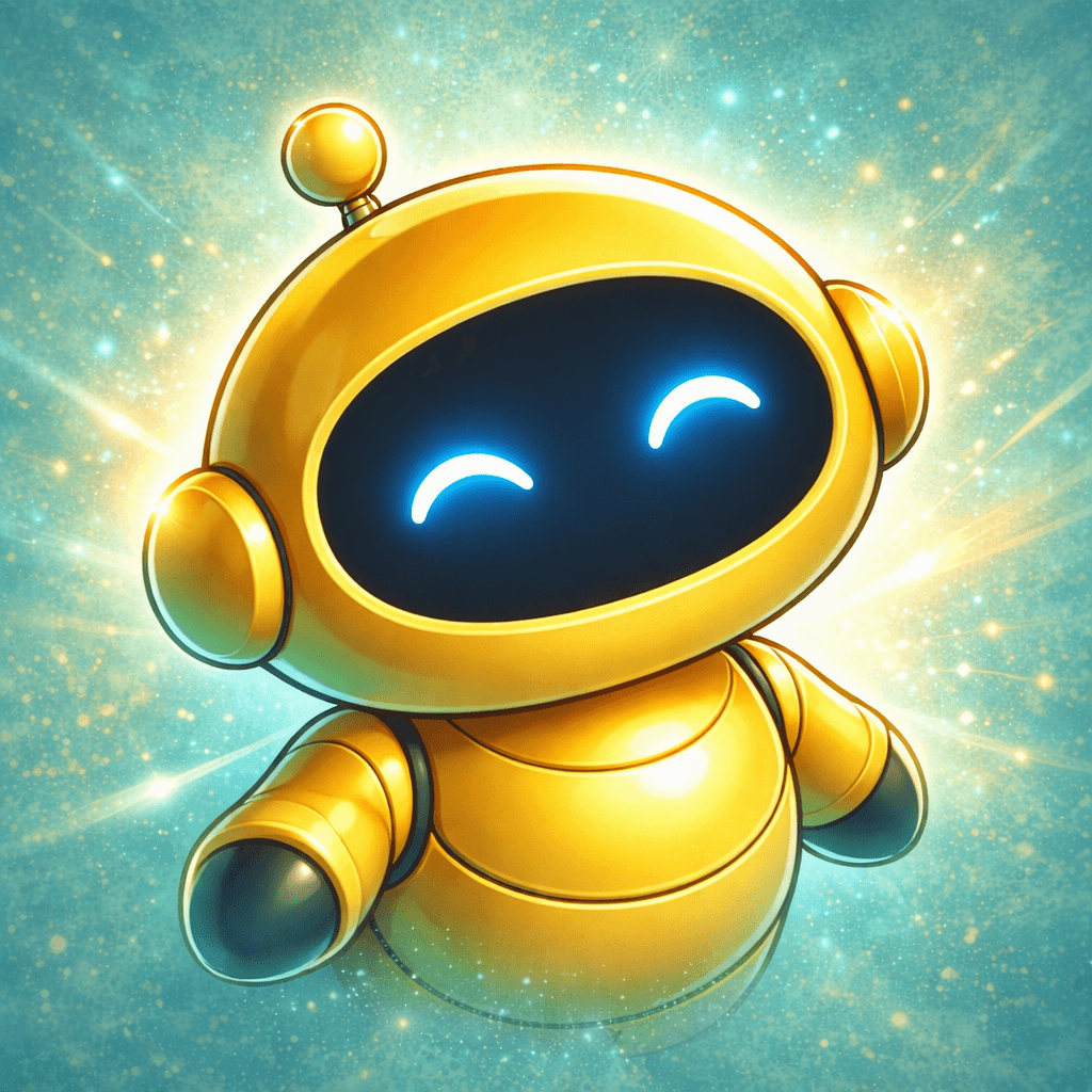 Friendly yellow robot with glowing blue eyes smiling against a shimmering, star-filled cosmic background.