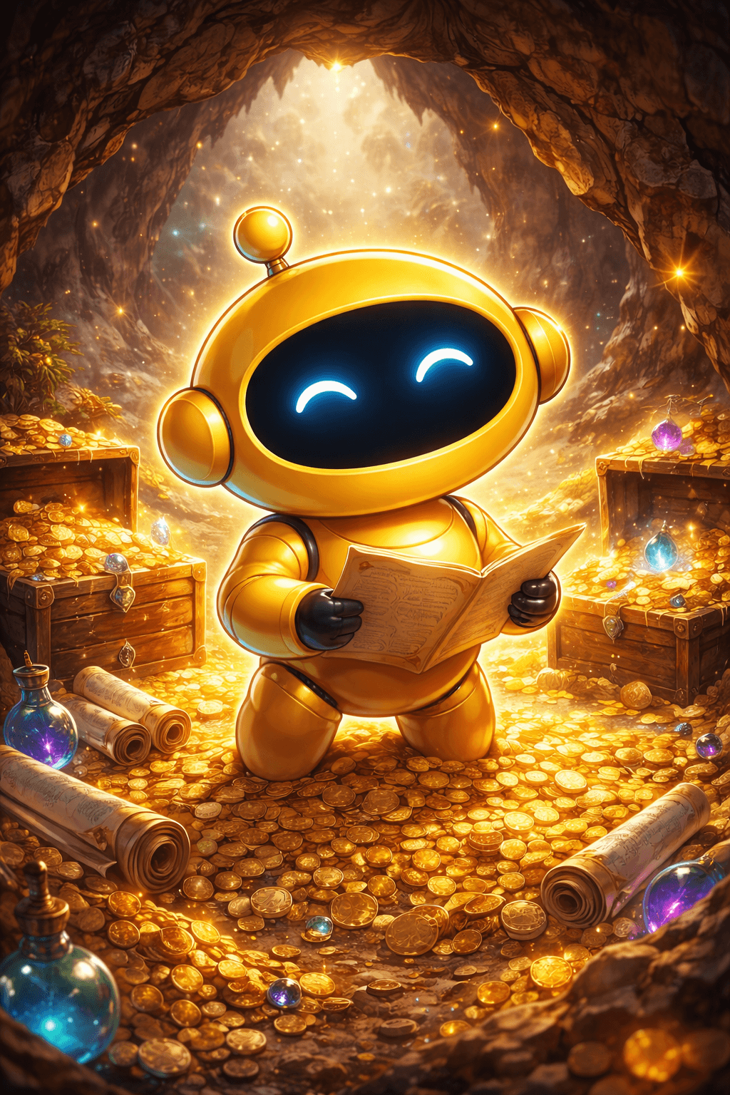 Small yellow robot reading a map in a glowing cave filled with gold and treasure.