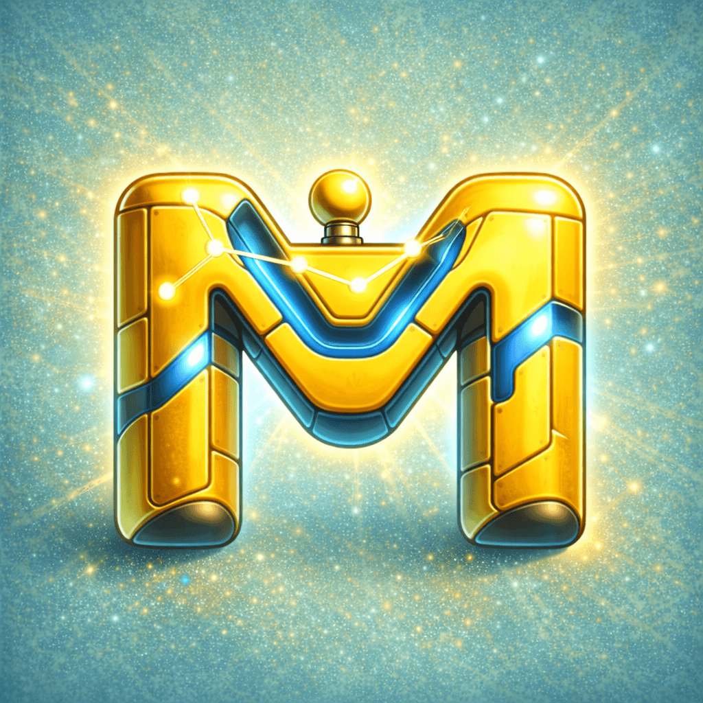 Stylized golden and blue metallic letter M with glowing constellation lines against a sparkling background.