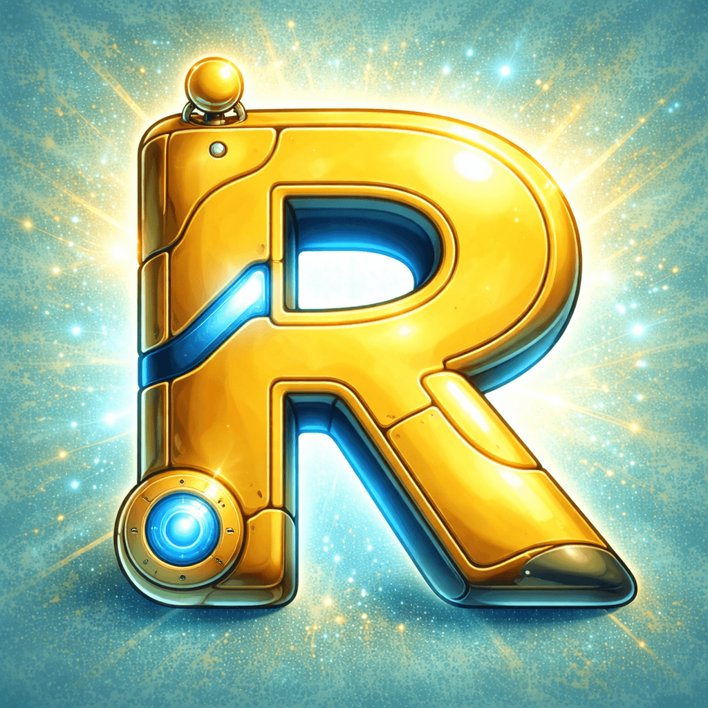 Futuristic golden mechanical letter R with glowing blue accents against a sparkling light blue background.