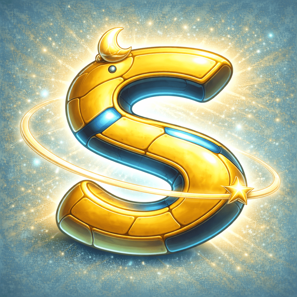 Golden 3D letter S with crescent moon and orbiting star against a sparkling blue background.