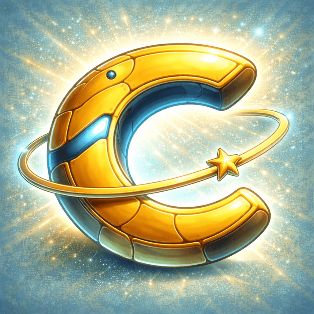 Stylized golden metallic letter C with an orbiting star ring on a glowing celestial background.