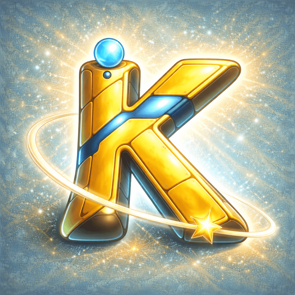 Golden 3D letter K with blue accents, featuring a glowing star orbit and sparkling background.