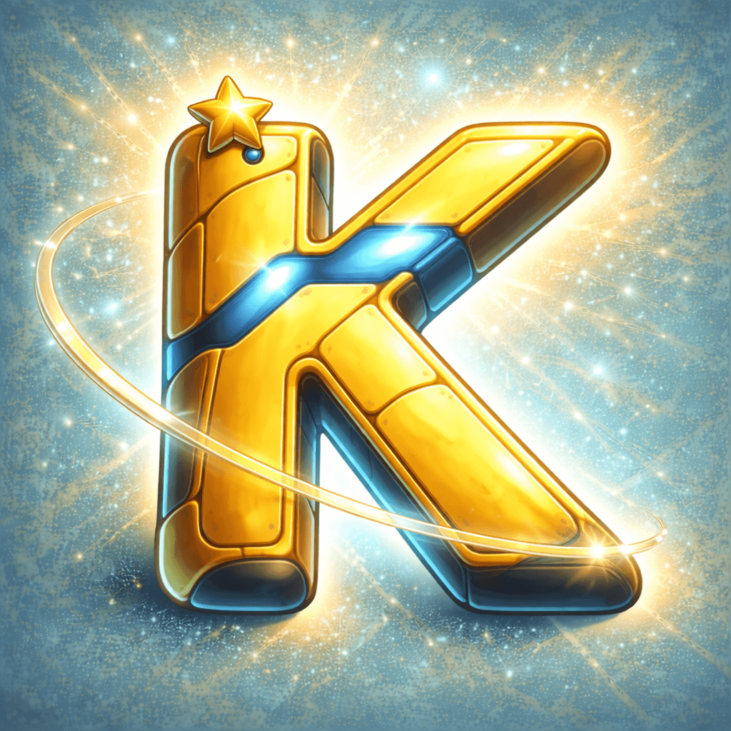 Stylized golden letter K with blue accents, a star, and glowing light effects.