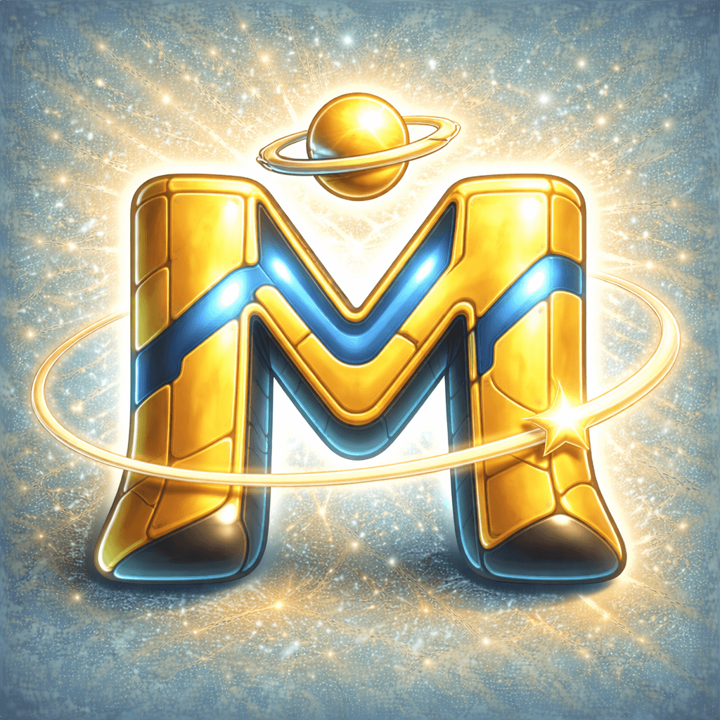 Stylized golden letter M with blue accents, featuring a ringed planet and orbiting star.