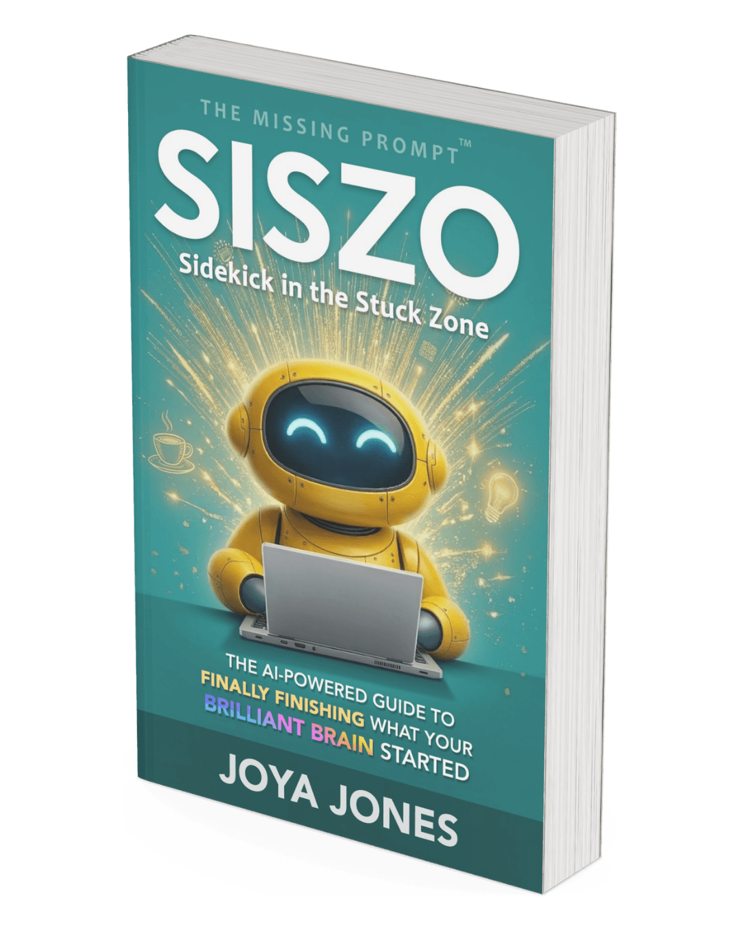 Teal book cover titled SISZO featuring a yellow robot using a laptop with golden sparks.